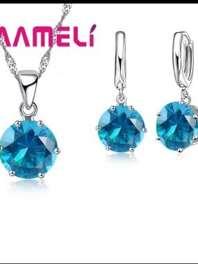 925 Sterling Silver Blue Crystal Pendant Necklace & Earrings Set